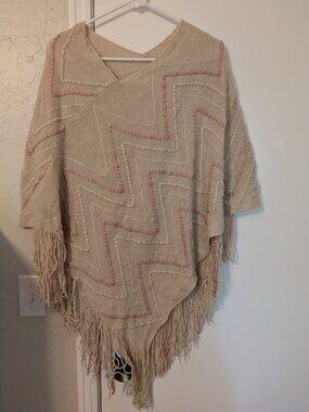 Knitted, cream and pink poncho